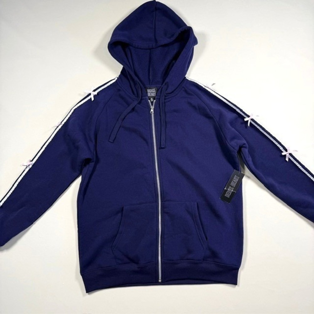 Derek Heart Womens Navy Blue Zip Up Hoodie Bow Sleeve Stripe Fleece Sweatshirt M